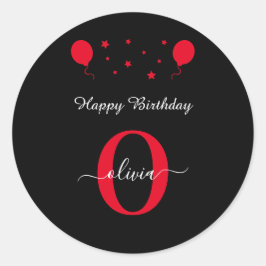 Monogram Script Happy Birthday Schwarz-weiß Red Runder Aufkleber