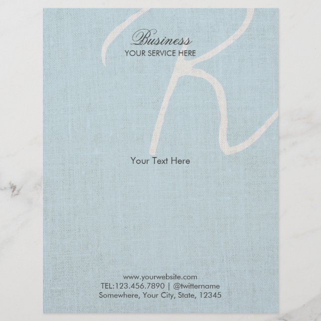 Monogram Script Hellblau Faux Leinen Broschüren (Vorne)