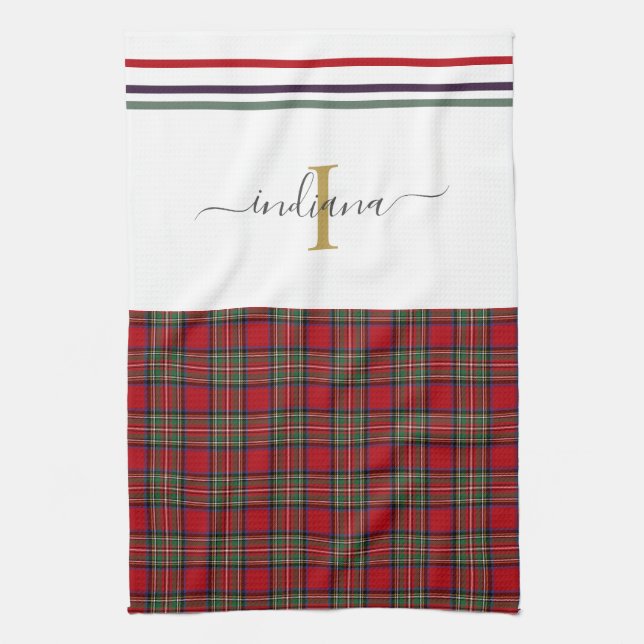 Monogram Script Kariert Tartan Stewart Rustic Geschirrtuch (Vertikal)