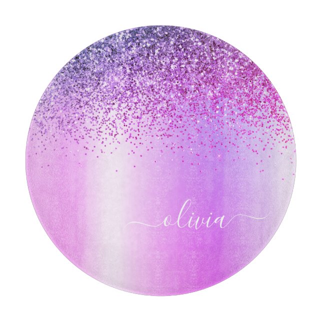 Monogram Script Lila Black Glitzer Girenname Schneidebrett (Vorderseite)