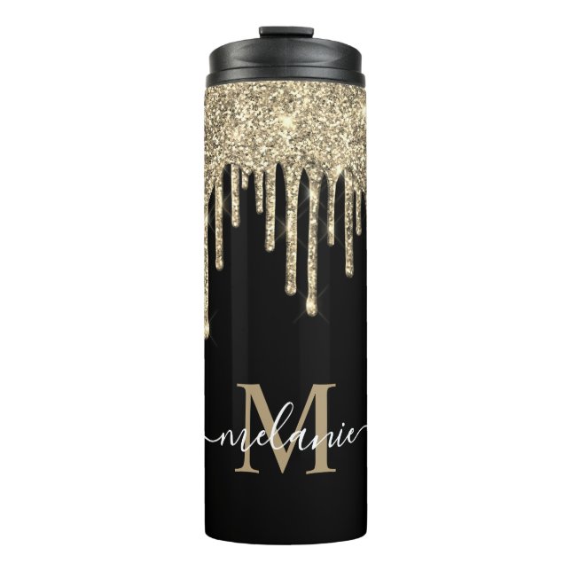 Monogram Script Name Black and Gold Glitzer Tropfe Thermosbecher (Vorderseite)