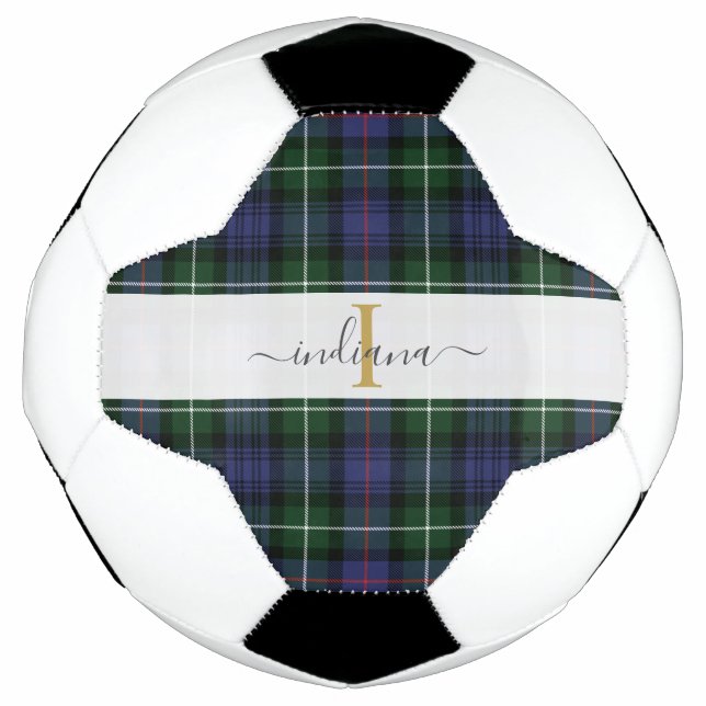 Monogram Script Name Kariert Lila Green Tartan Fußball (Vorderseite)