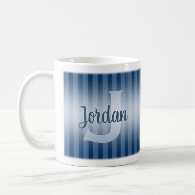 Monogram Script Name Navy Blue & White Strips Tasse (Links)