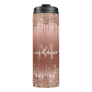 Monogram Script Name Rose Gold Glitzer Tropfen Thermosbecher