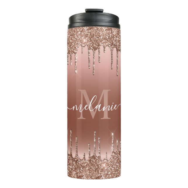 Monogram Script Name Rose Gold Glitzer Tropfen Thermosbecher (Vorderseite)