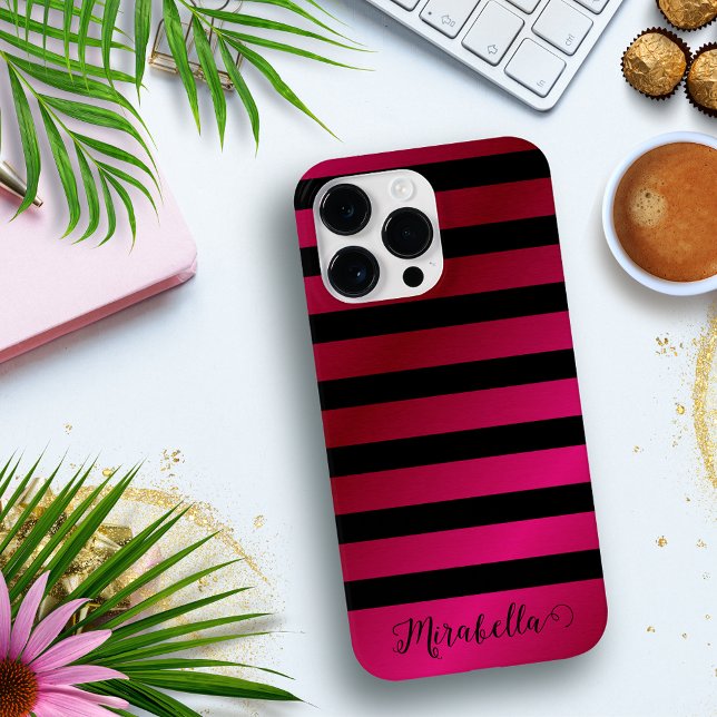 Monogram Script Name Stripes Pink und Black Case-Mate iPhone Hülle (Von Creator hochgeladen)