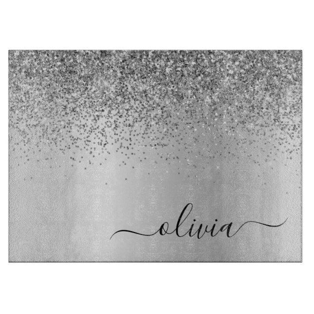 Monogram Script Silver Black Glitzer Girenname Schneidebrett (Vorderseite)