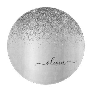 Monogram Script Silver Black Glitzer Girenname Schneidebrett