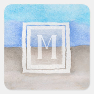Monogram Sea & Sand Blue und Tan Quadratischer Aufkleber