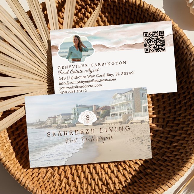 Monogram Seashell Properties Foto Real Anwesen Visitenkarte (Monogram Seashell Properties Photo Real Estate Business Card)