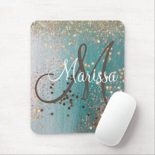 Monogram Shimmery Gold Stars auf Aquamarin Mousepad