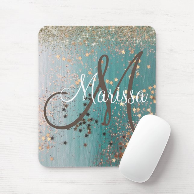 Monogram Shimmery Gold Stars auf Aquamarinen Mousepad (Mit Mouse)