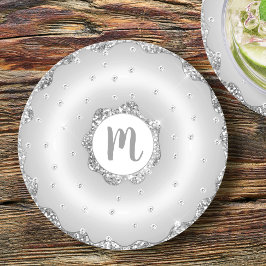 Monogram silberne Glitzer-Dongnut-Chic-Skript mädc Runder Pappuntersetzer
