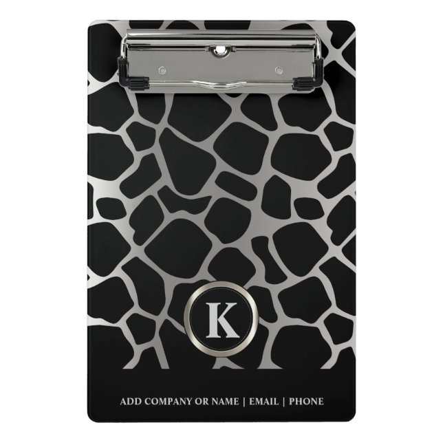 Monogram Silver and Black Giraffe Pattern Mini Klemmbrett (Vorderseite)