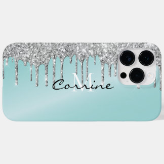 Monogram Silver Aqua Blue Glitzer Tropfen Android Case-Mate iPhone 14 Pro Max Hülle