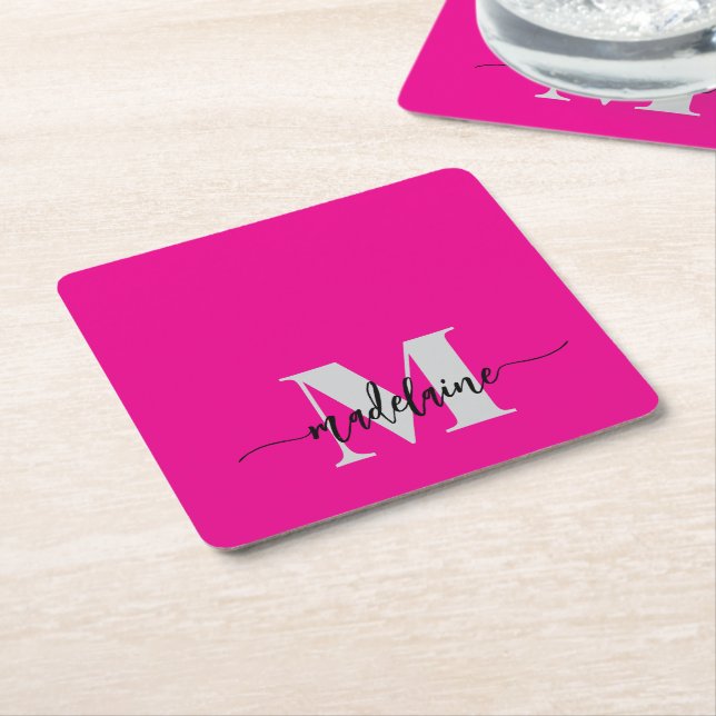 Monogram Silver Black Pink Personal Rechteckiger Pappuntersetzer (angewinkelt)