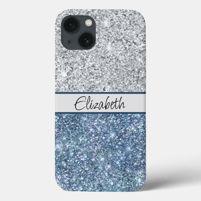 Monogram Silver Blue Glitzer Trendy Chic Stilvoll Case-Mate iPhone Hülle (Rückseite)