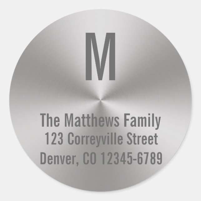 Monogram Silver Brushed Metal Look |Radialadresse Runder Aufkleber (Vorderseite)