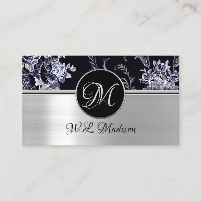Monogram Silver Floral Business Card 2 Visitenkarte (Vorderseite)