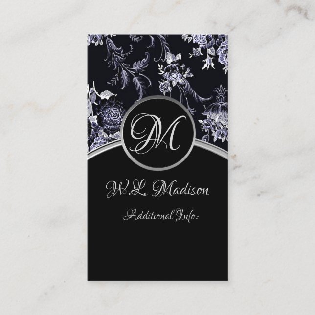 Monogram Silver Floral Business Card 3 Visitenkarte (Vorderseite)