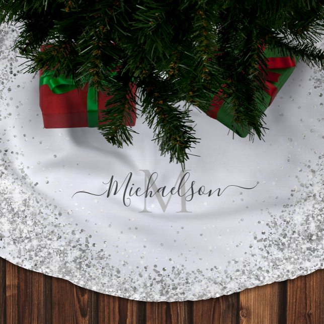 Monogram Silver Glitzer Girly Glam Polyester Weihnachtsbaumdecke (Monogram Silver Glitter Girly Glam Brushed Polyester Tree Skirt)