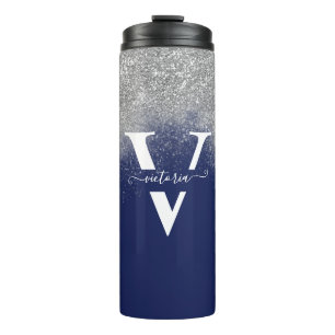 Monogram Silver Glitzer Glitzern Navy Blue Custom Thermosbecher
