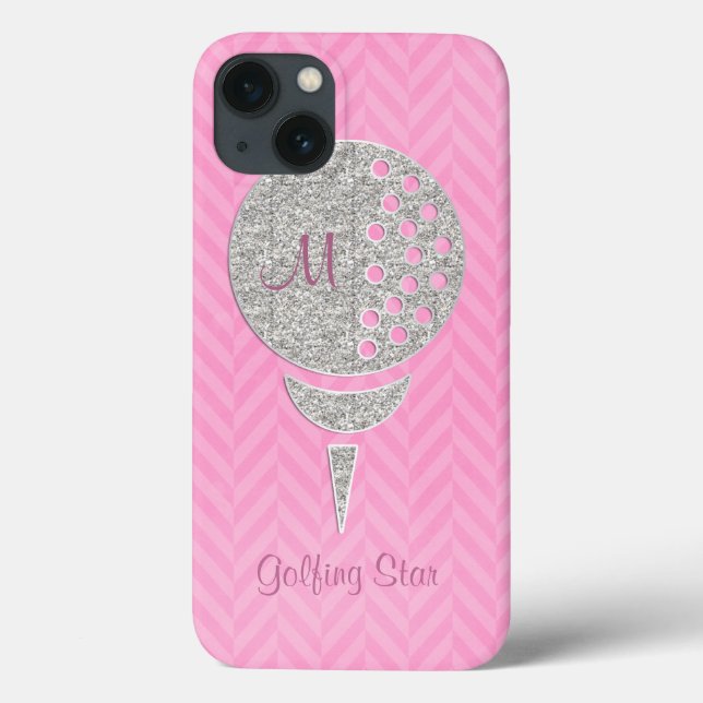 Monogram Silver Glitzer Golf Ball auf Rosa Zickzac Case-Mate iPhone Hülle (Rückseite)