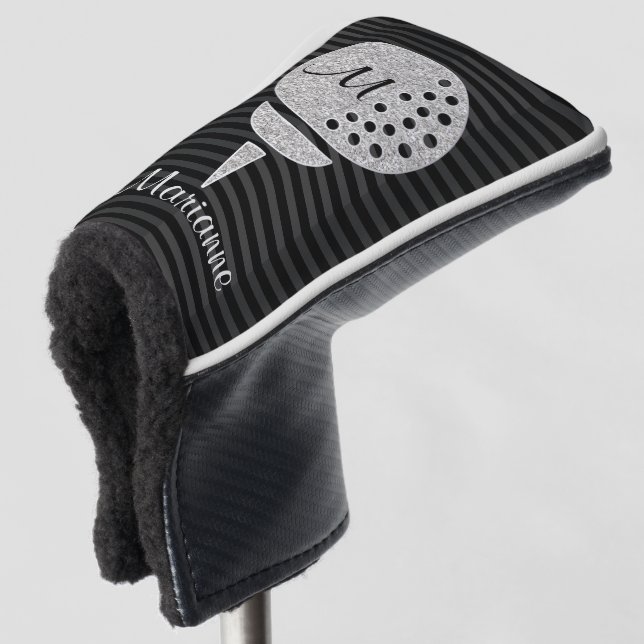 Monogram Silver Glitzer Golf Ball auf Zickzack Headcover (3/4 Vorderseite)