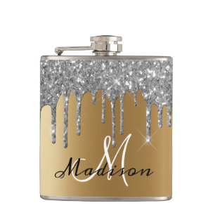 Monogram Silver Glitzer Tropfen Girl Sparkle Flask Flachmann