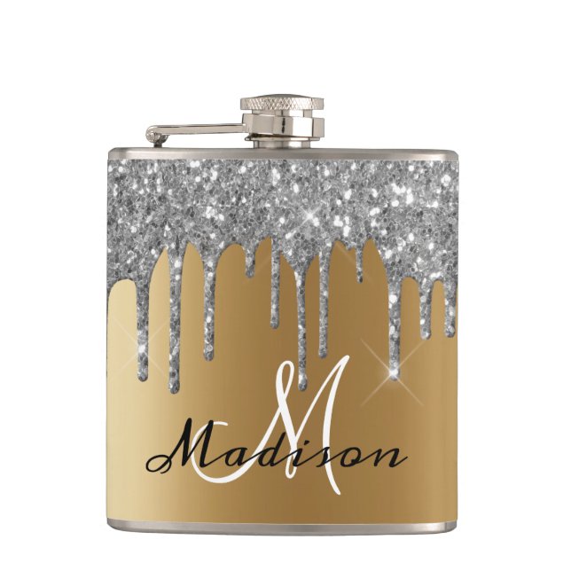 Monogram Silver Glitzer Tropfen Girl Sparkle Flask Flachmann (Vorderseite)
