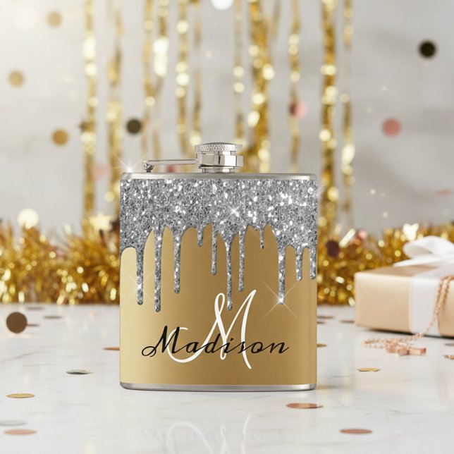 Monogram Silver Glitzer Tropfen Girl Sparkle Flask Flachmann (Von Creator hochgeladen)