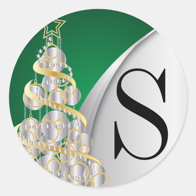 Monogram Silver, Gold und Green Frohe Weihnachten Runder Aufkleber (Vorderseite)
