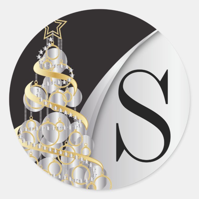 Monogram Silver, Gold und Schwarz Frohe Weihnachte Runder Aufkleber (Vorderseite)