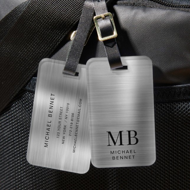 Monogram Silver Graue gebürstete Imitate Metallic  Gepäckanhänger (Monogram Silver Gray Brushed Faux Metallic Print Luggage Tag)