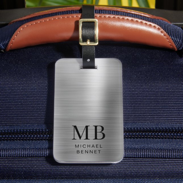 Monogram Silver Graue gebürstete Imitate Metallic  Gepäckanhänger (Vorderseite Insitu 2)