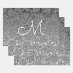 Monogram Silver Gray Elegante Flora Moderne Kunst Geschenkpapier Set