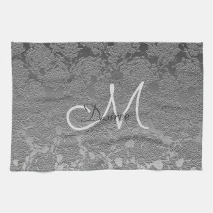Monogram Silver Gray Floral Moderne Klasse Geschirrtuch