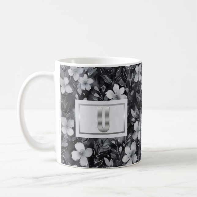 Monogram Silver Letter Floral Aquarell Kaffeetasse (Links)