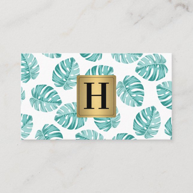 Monogram, Silver Metallic / Monstera Leaf Muster Visitenkarte (Vorderseite)