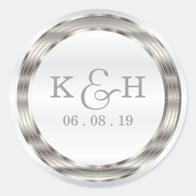 Monogram Silver Metallic Round Labels Runder Aufkleber (Vorderseite)