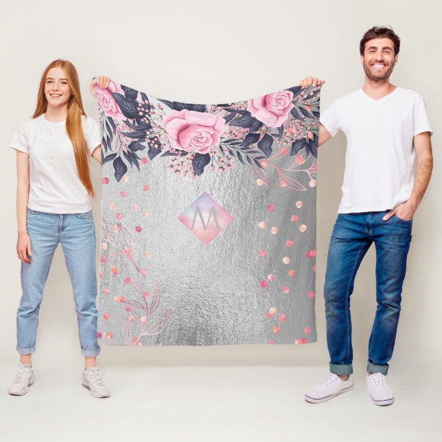 Monogram Silver Navy Rosegold Girly Newlyweds Gesc Fleecedecke (Beispiel)