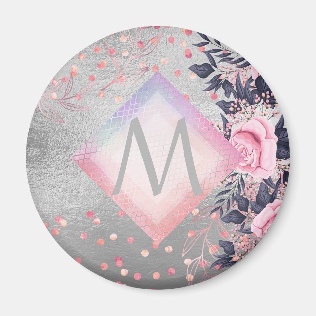 Monogram Silver Navy Rosegold Girly Newlyweds Gesc Magnet (Vorne)