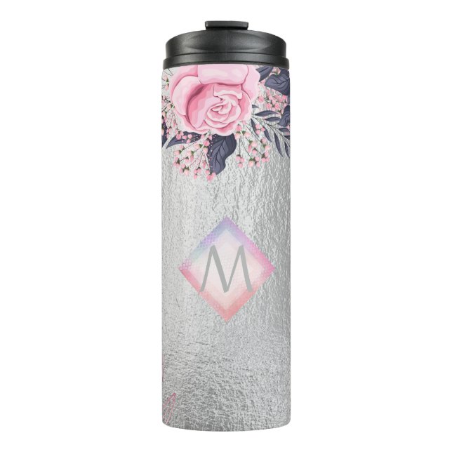 Monogram Silver Navy Rosegold Girly Newlyweds Gesc Thermosbecher (Vorderseite)