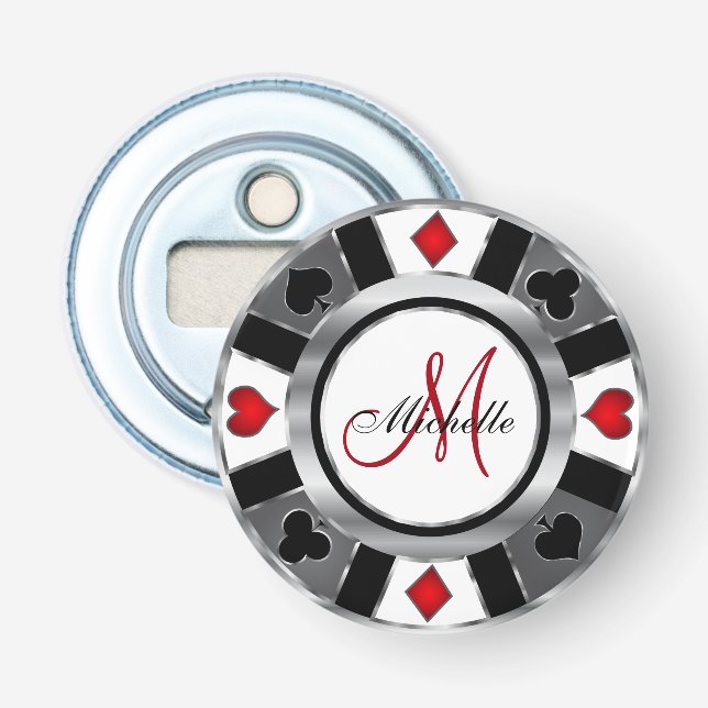 Monogram Silver Poker Chip Design Flaschenöffner (Vorderseite)