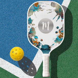 Monogram Silver Turquoise Orange Abstrakter Spritz Pickleball Schläger