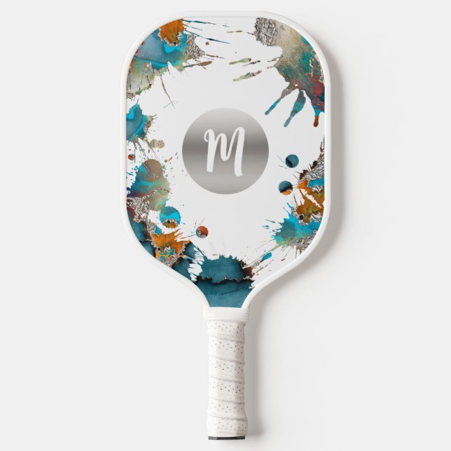 Monogram Silver Turquoise Orange Abstrakter Spritz Pickleball Schläger (Vorderseite)
