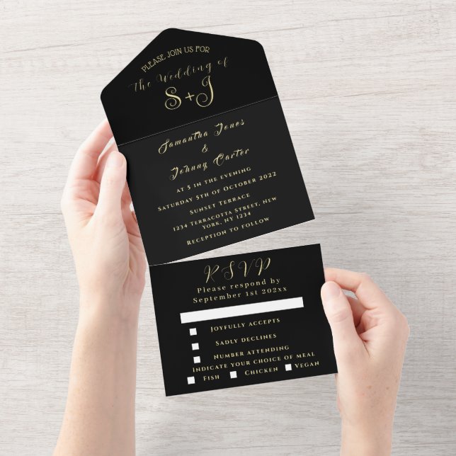 Monogram Simple Black Gold Calligraphy Wedding All In One Einladung (Abreißen)
