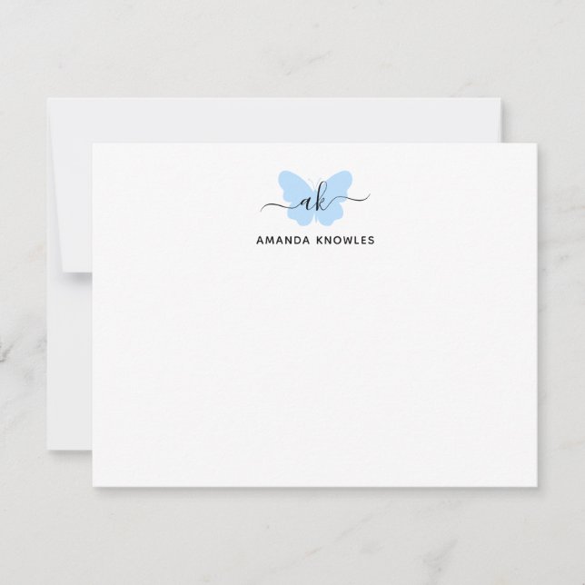 Monogram Simple Blue Butterfly Minimalistisch Girl Mitteilungskarte (Vorderseite)