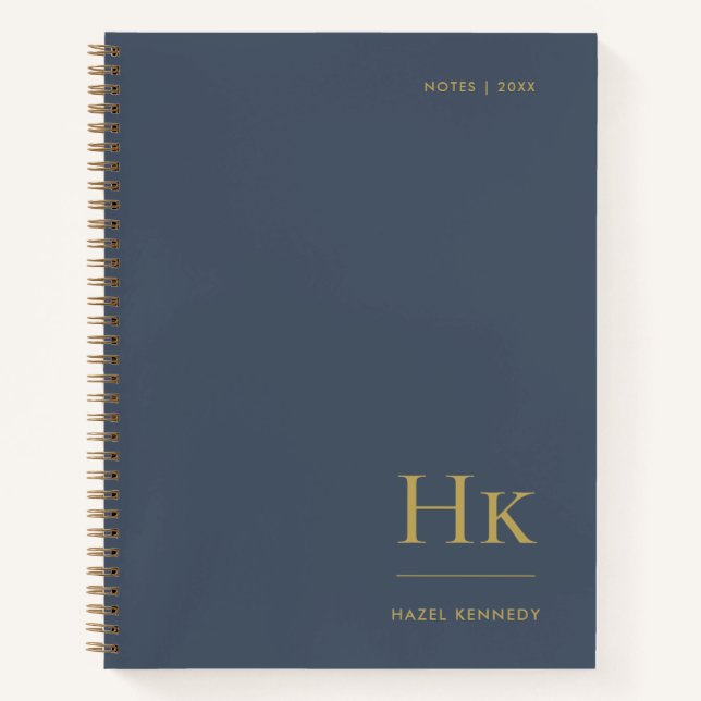 Monogram Simple Eleganic Navy Gold Personalisiert Notizbuch (Vorderseite)