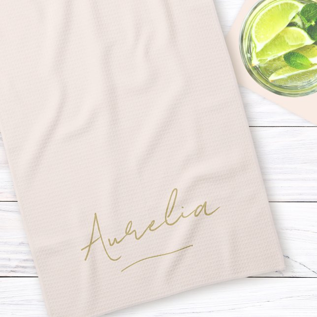 Monogram Simple Elegant Minimal Blush Gold Script Geschirrtuch (Von Creator hochgeladen)